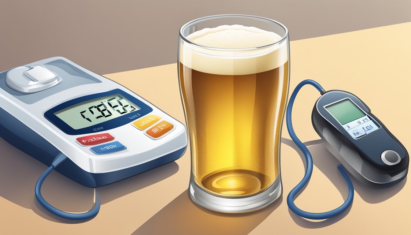 A glass of beer next to a blood sugar monitor