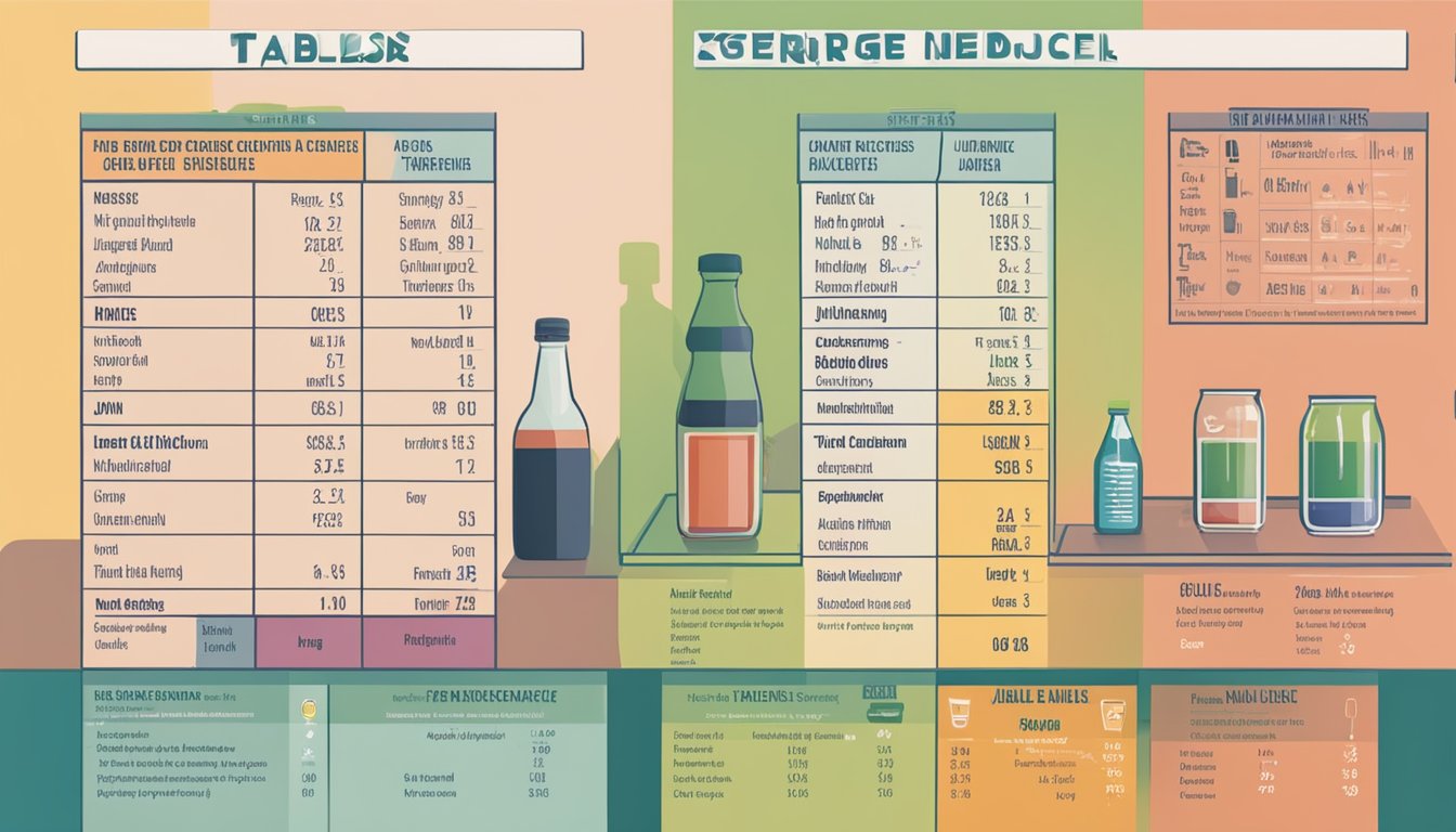 A table with a variety of beverages including hard cider, soda, and juice. A glycemic index chart is displayed next to each drink