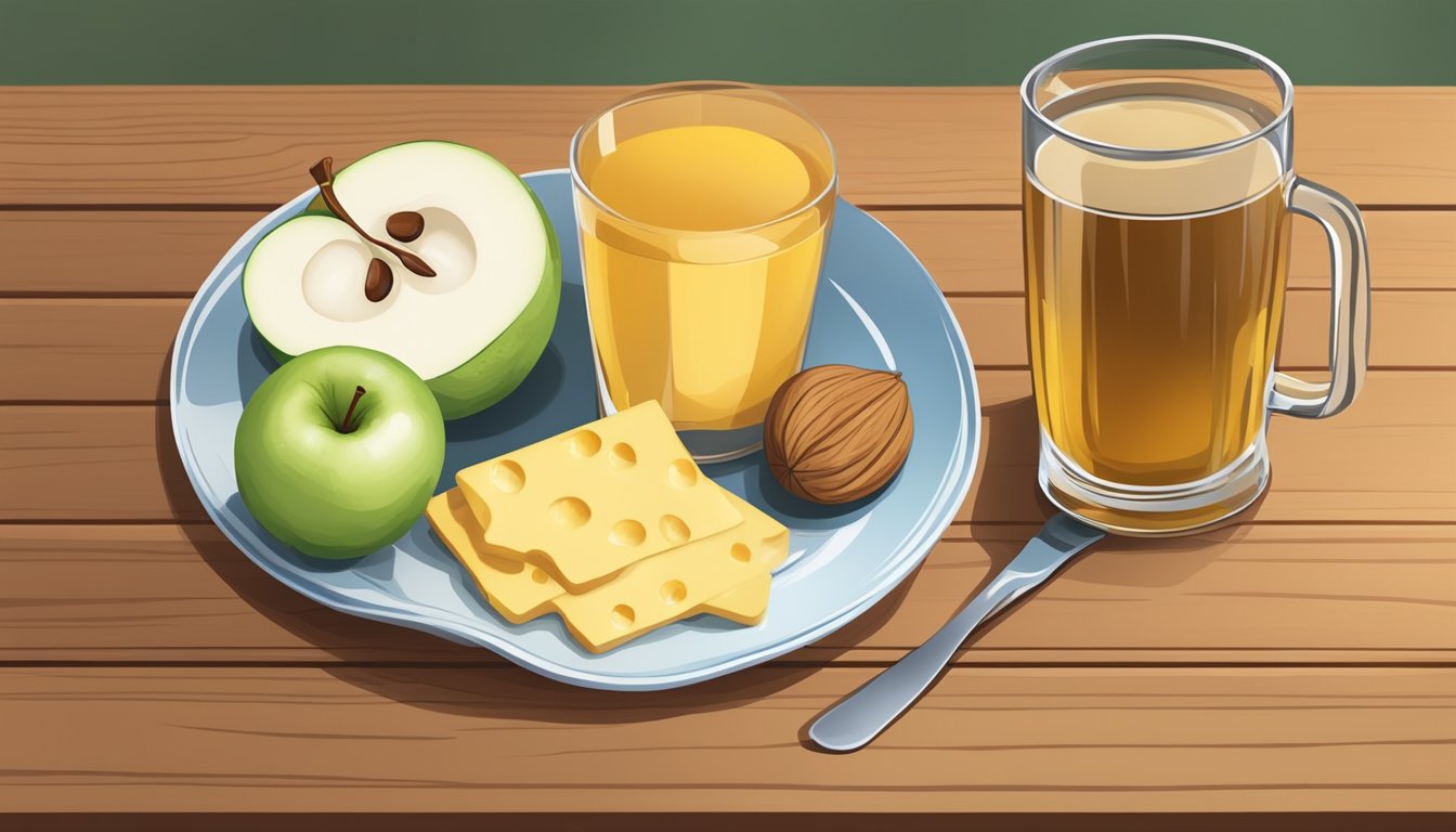 A glass of hard cider next to a plate of low glycemic index foods such as apples, nuts, and cheese on a wooden table