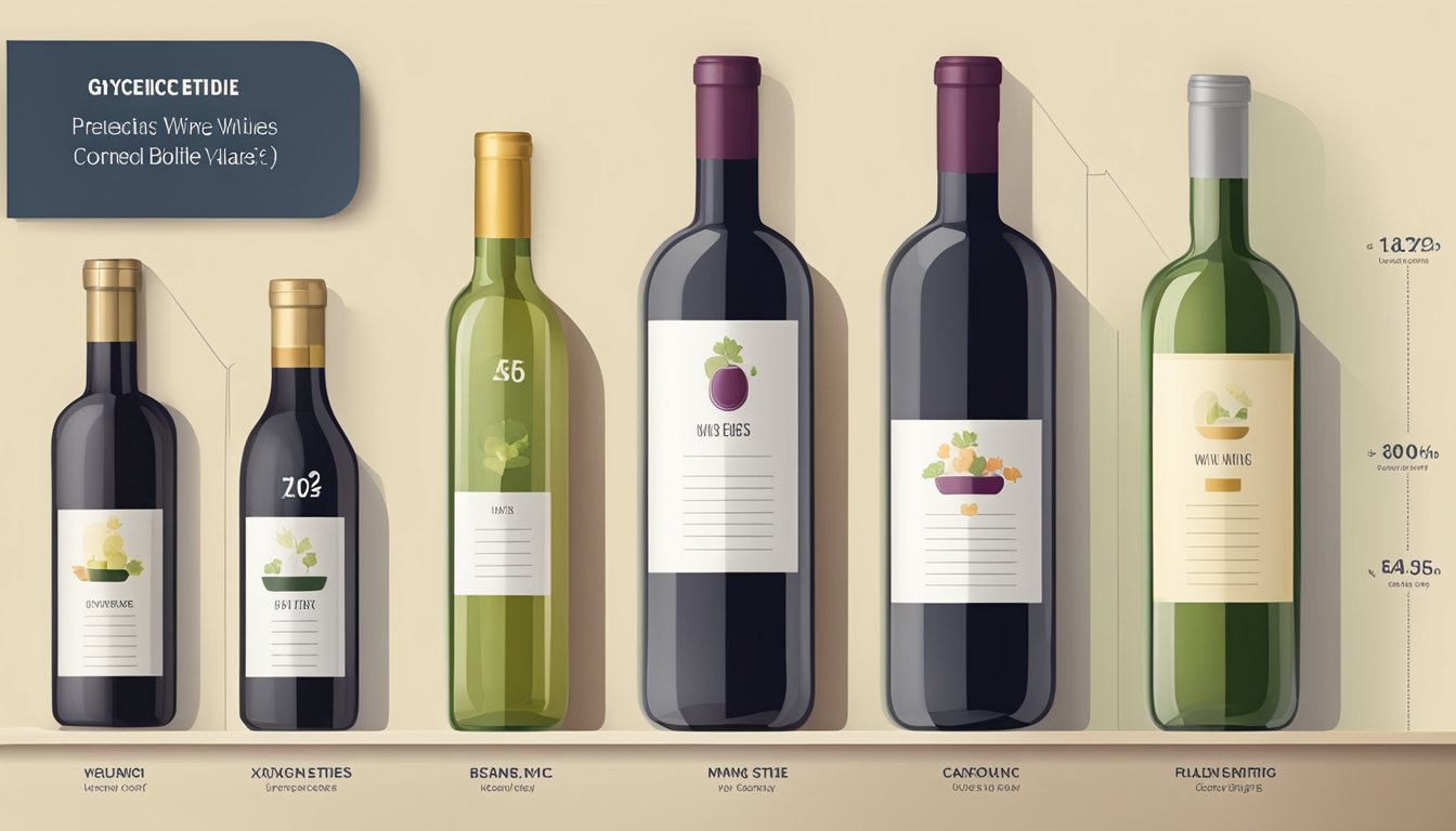 A table with various types of wine bottles arranged next to a chart showing their respective glycemic index values