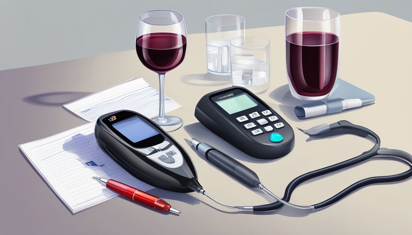 A glass of red wine next to a blood sugar monitor and insulin pen