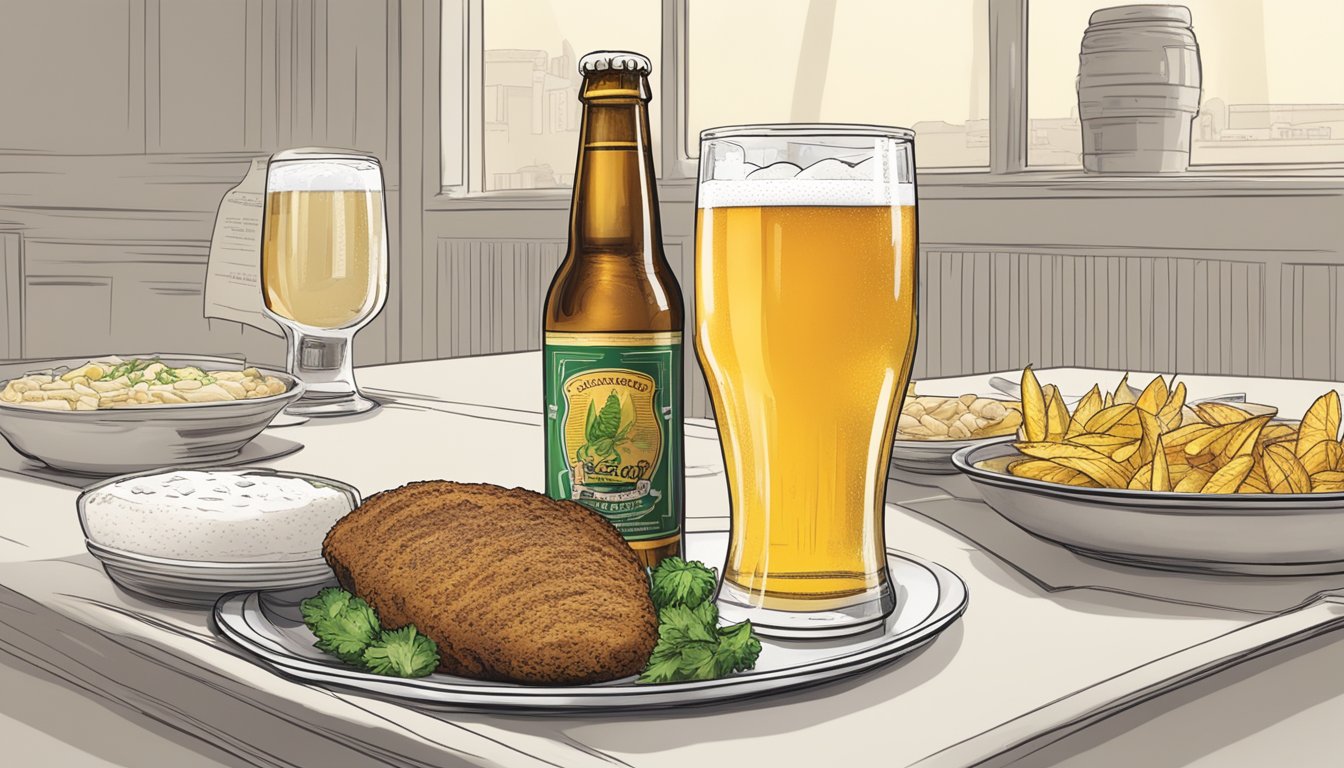 A cold beer sitting next to a plate of food, with a nutritional label visible