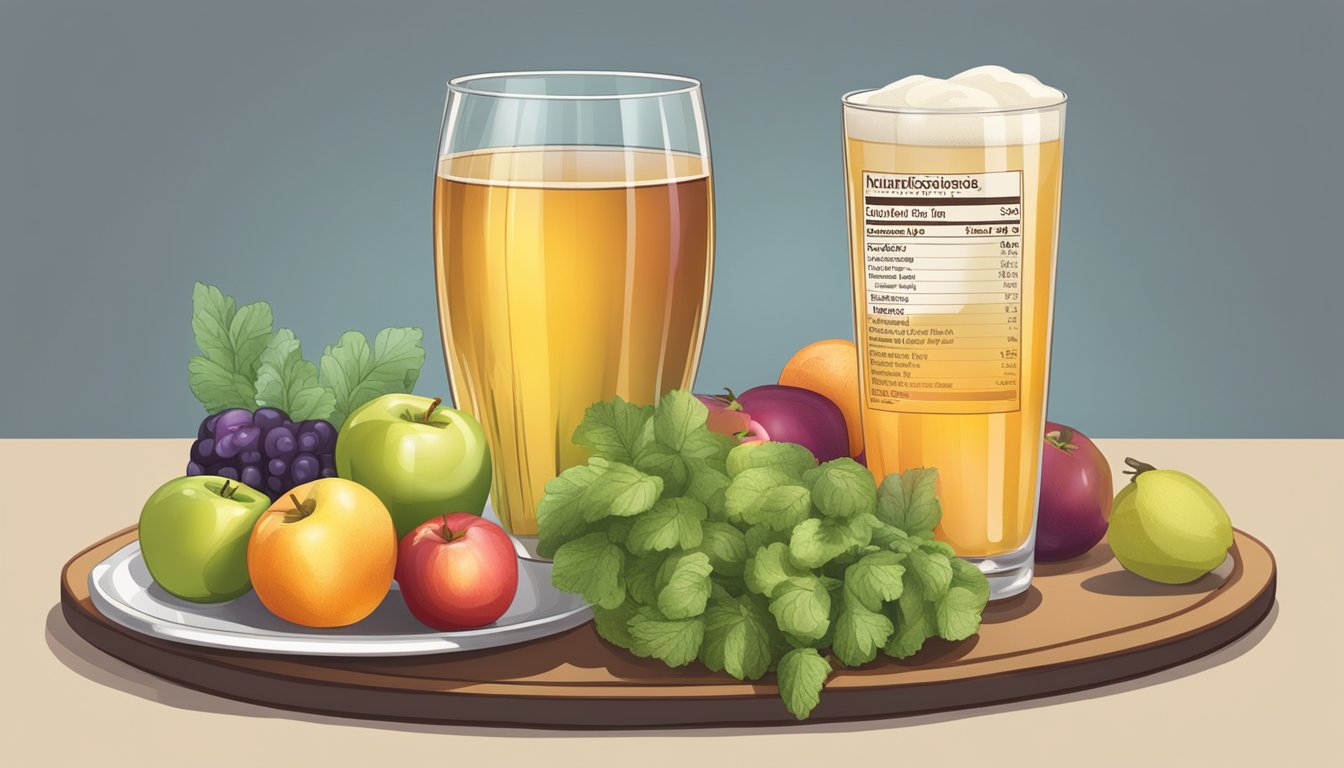 A glass of hard cider next to a plate of various fruits and vegetables, with a nutritional information label in the background