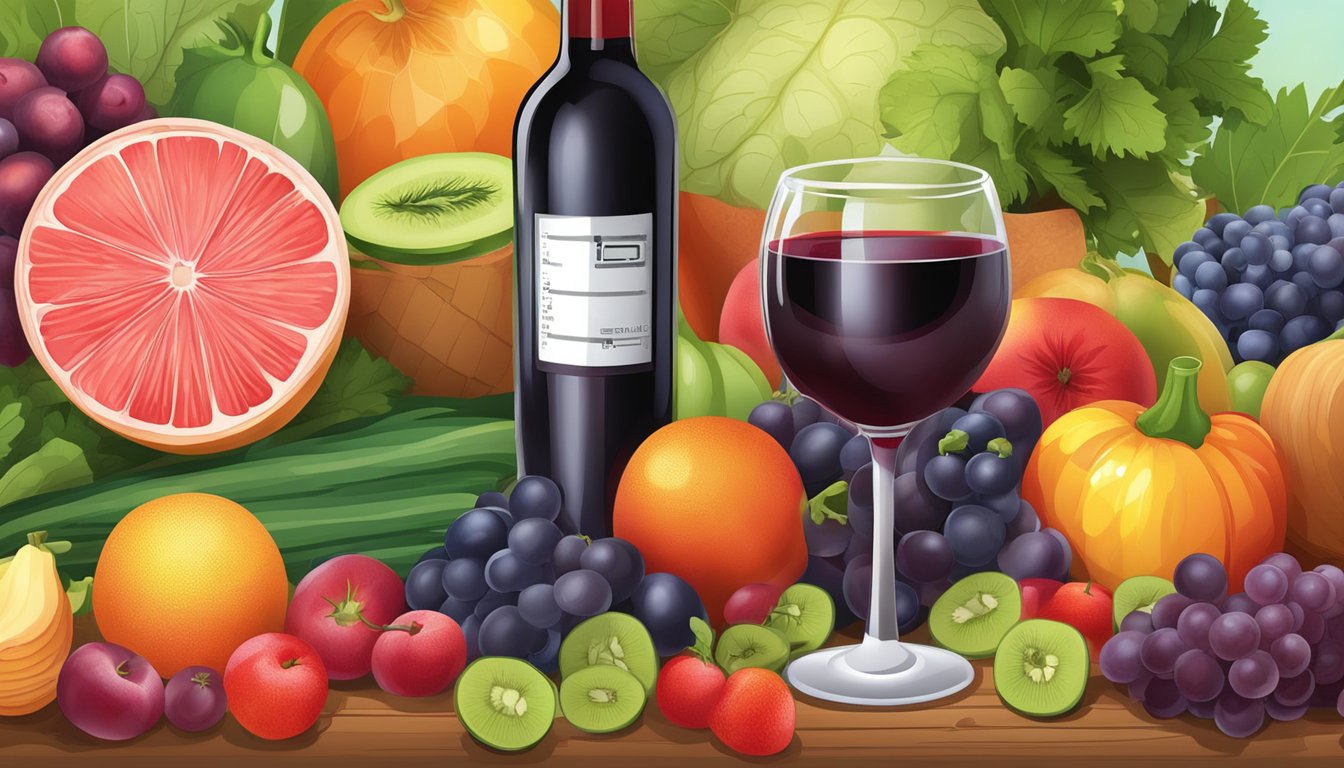 A glass of red wine surrounded by a variety of fruits and vegetables, with a measuring tape and a blood sugar monitor nearby