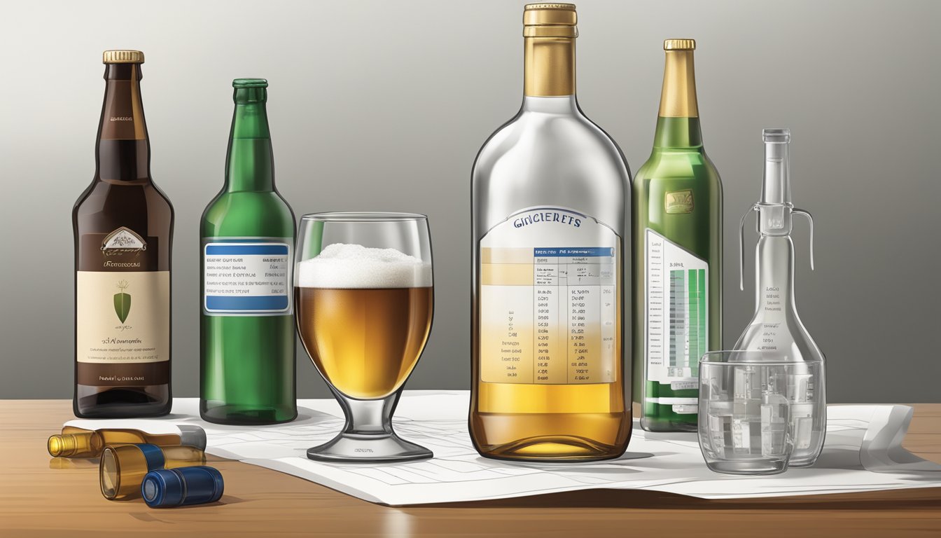 A wine glass, beer bottle, and spirits bottle arranged on a table, with a glycemic index chart in the background