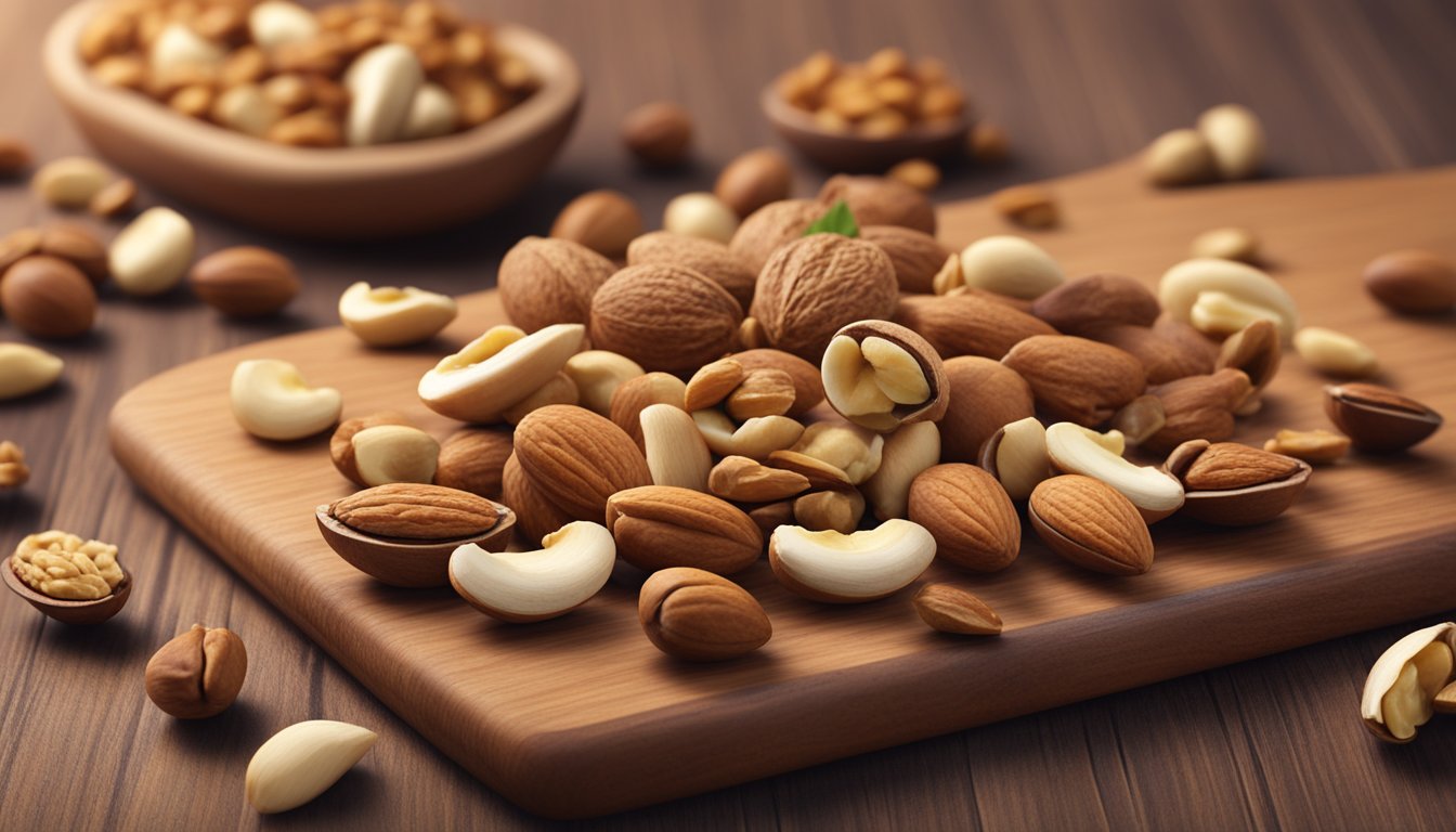 A variety of mixed nuts arranged on a wooden cutting board, with a scattering of nuts in the background