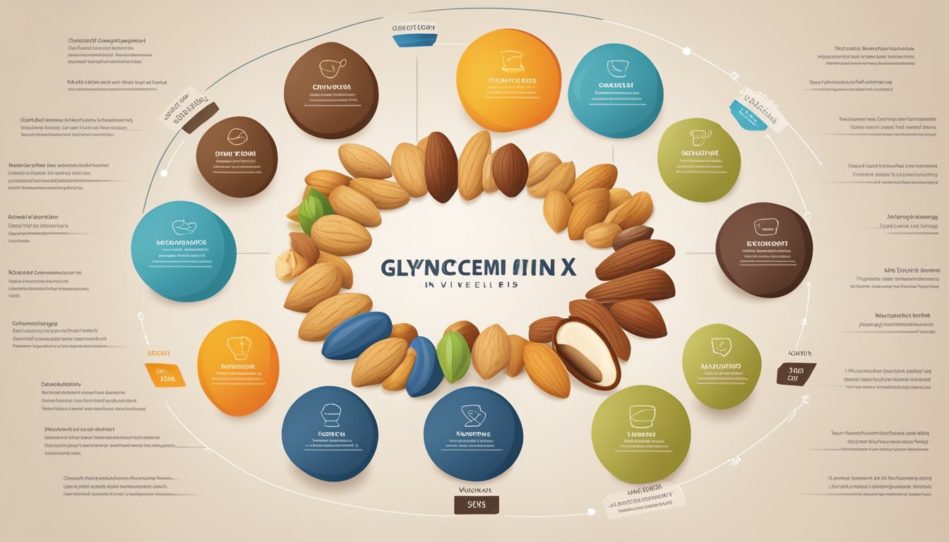 A variety of nuts arranged in a circular pattern, with labels displaying their respective glycemic index values