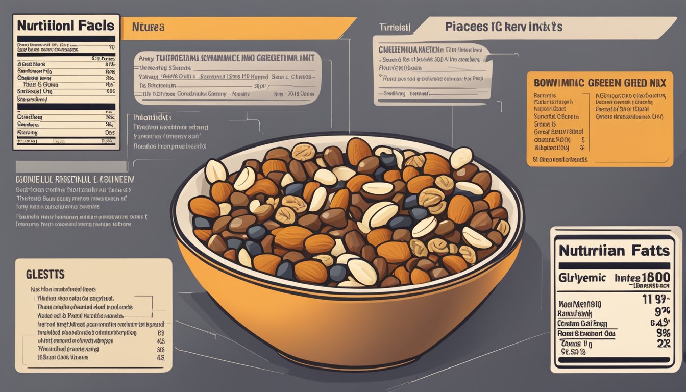 A bowl of trail mix surrounded by various nuts, seeds, and dried fruits, with a nutritional label showing glycemic index values