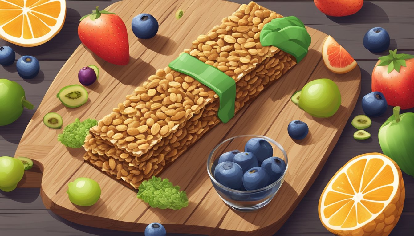 A granola bar surrounded by a variety of colorful fruits and vegetables on a wooden cutting board, with a glass of water on the side