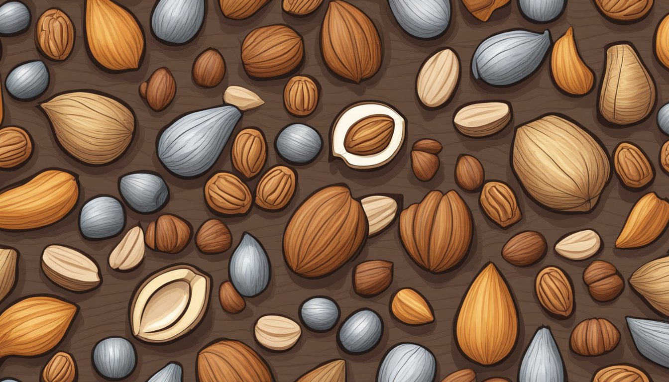 A variety of nuts arranged in a colorful pattern on a wooden cutting board, with a focus on their different shapes and textures