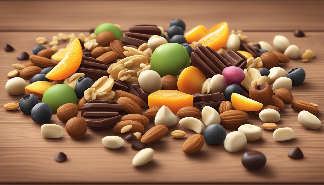 A variety of trail mix ingredients scattered on a wooden surface, including nuts, dried fruits, and chocolate chips