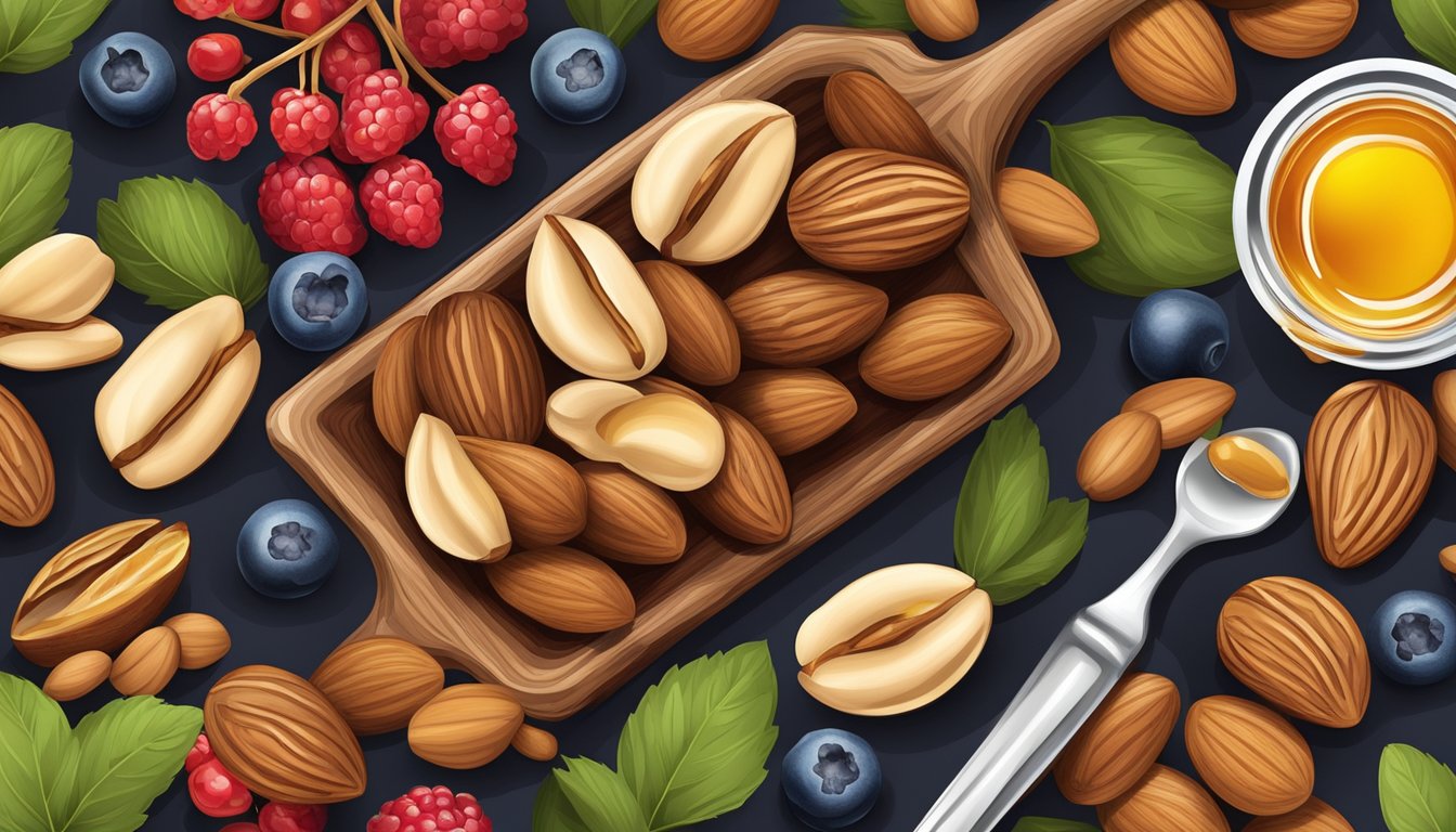 A variety of mixed nuts arranged on a wooden board with a small dish of honey and fresh berries on the side