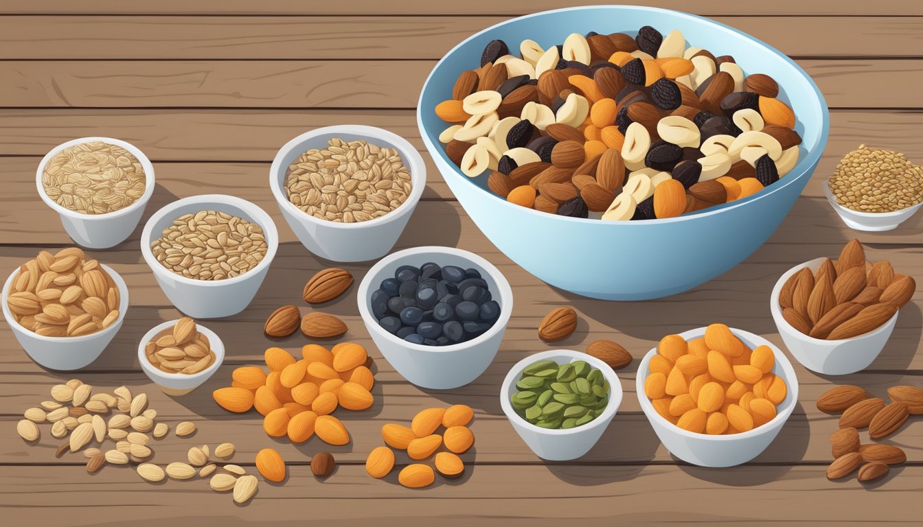 A bowl of trail mix ingredients, including nuts, seeds, and dried fruits, arranged on a wooden surface with a glycemic index chart in the background