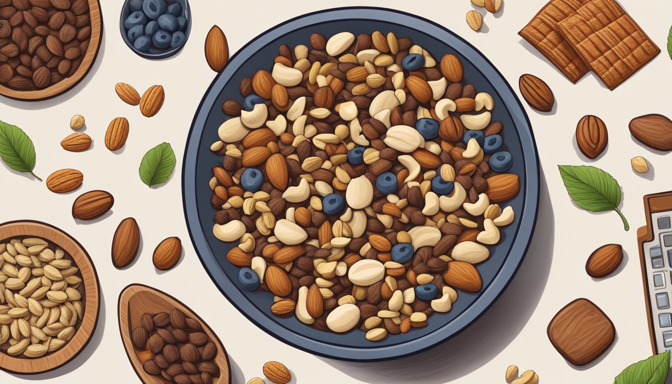 A bowl of trail mix surrounded by a variety of nuts, seeds, and dried fruits, with a glycemic index chart displayed nearby