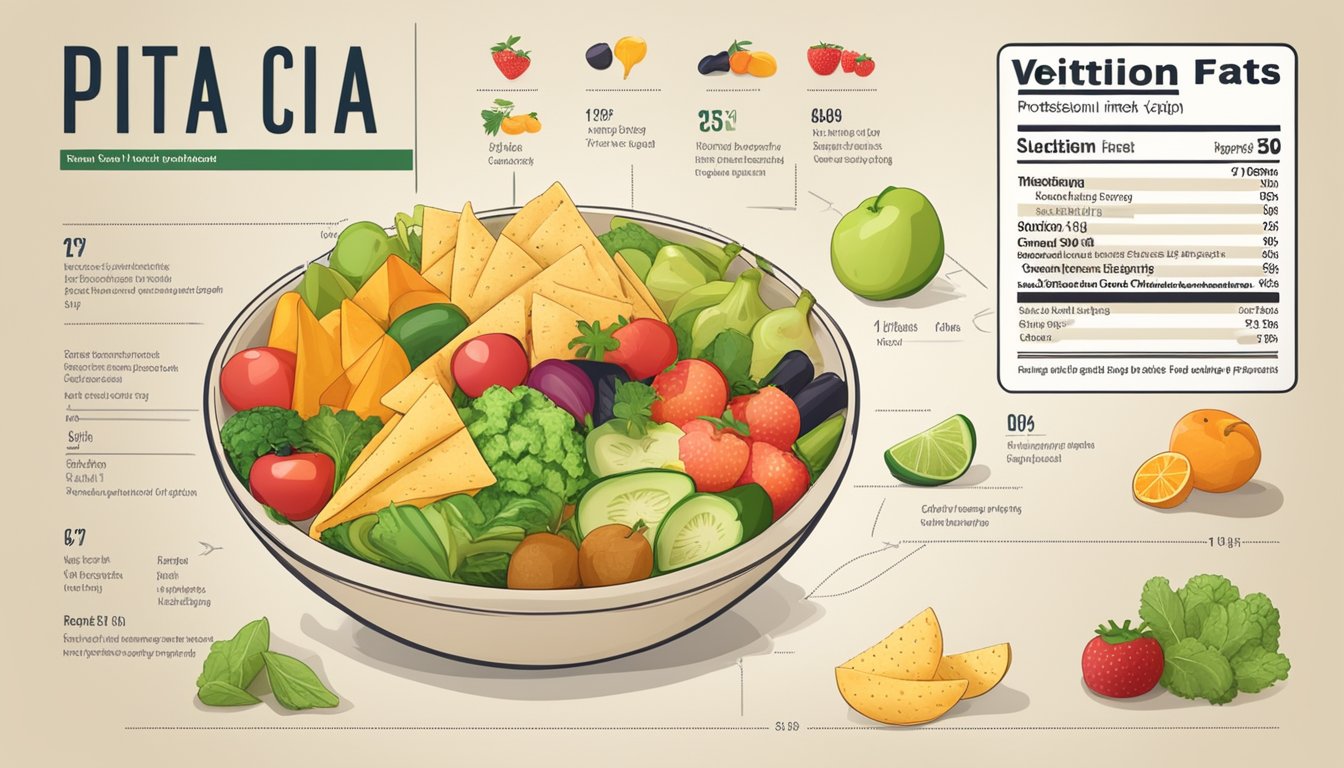 A bowl of pita chips surrounded by various fruits and vegetables, with a nutritional label and glycemic index chart displayed next to it