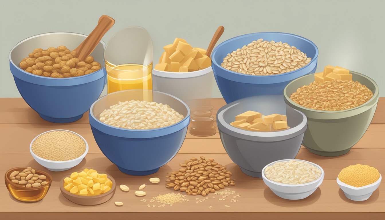 A variety of protein sources (whey, soy, nuts) are being mixed into a large bowl with oats and honey to create protein bars