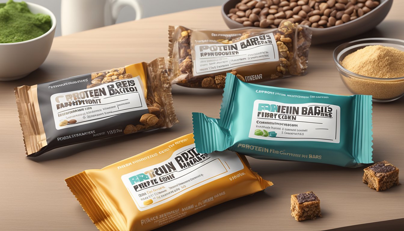 A variety of protein bars arranged on a table, with a focus on the ingredients label highlighting carbohydrates and fiber content