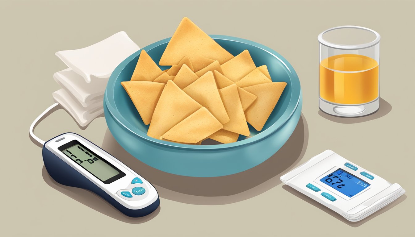 A bowl of pita chips next to a blood glucose monitor showing elevated levels