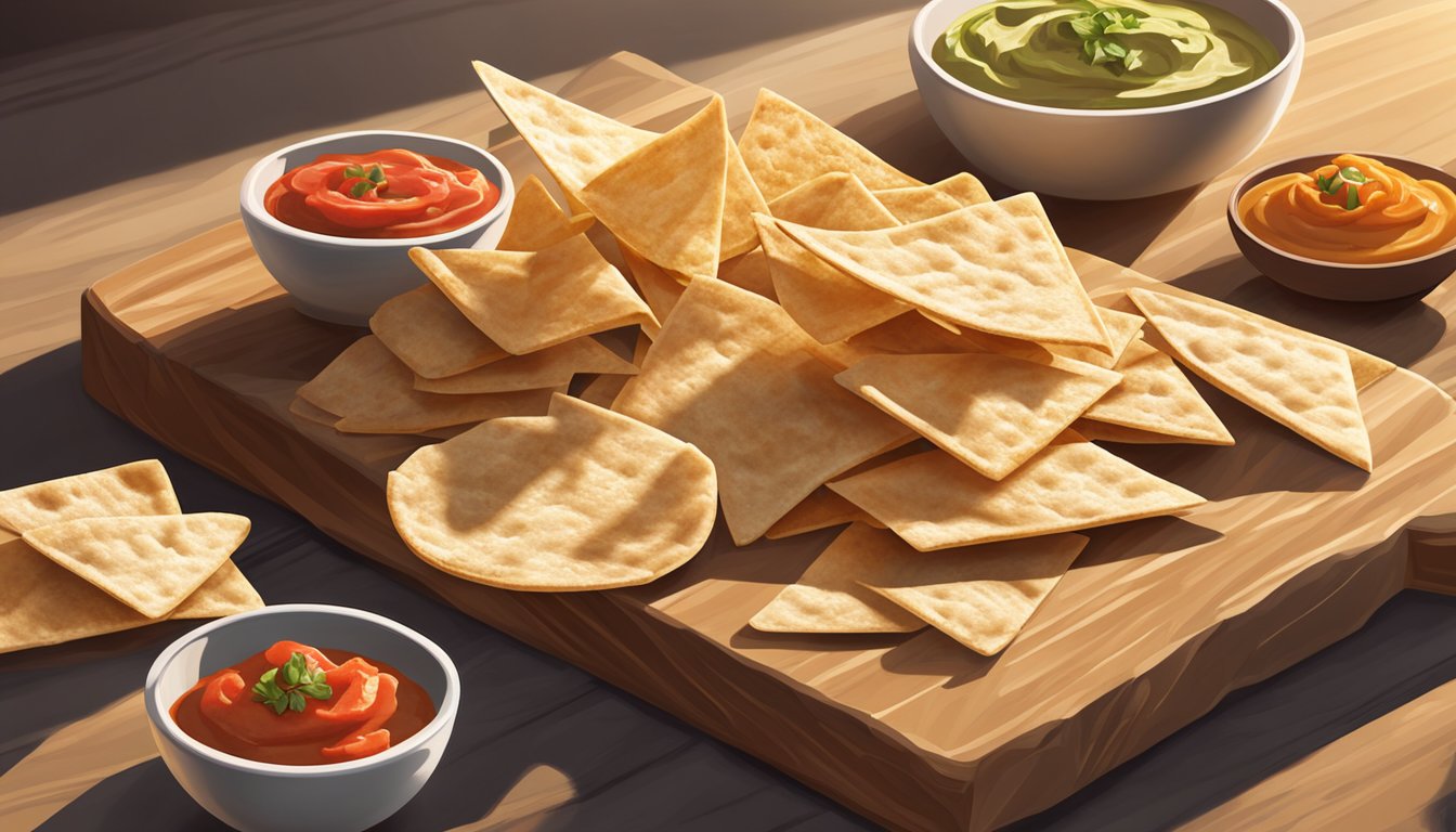 A variety of pita chips arranged on a wooden board, surrounded by bowls of hummus and salsa. Sunlight streams in, casting shadows on the textured surface