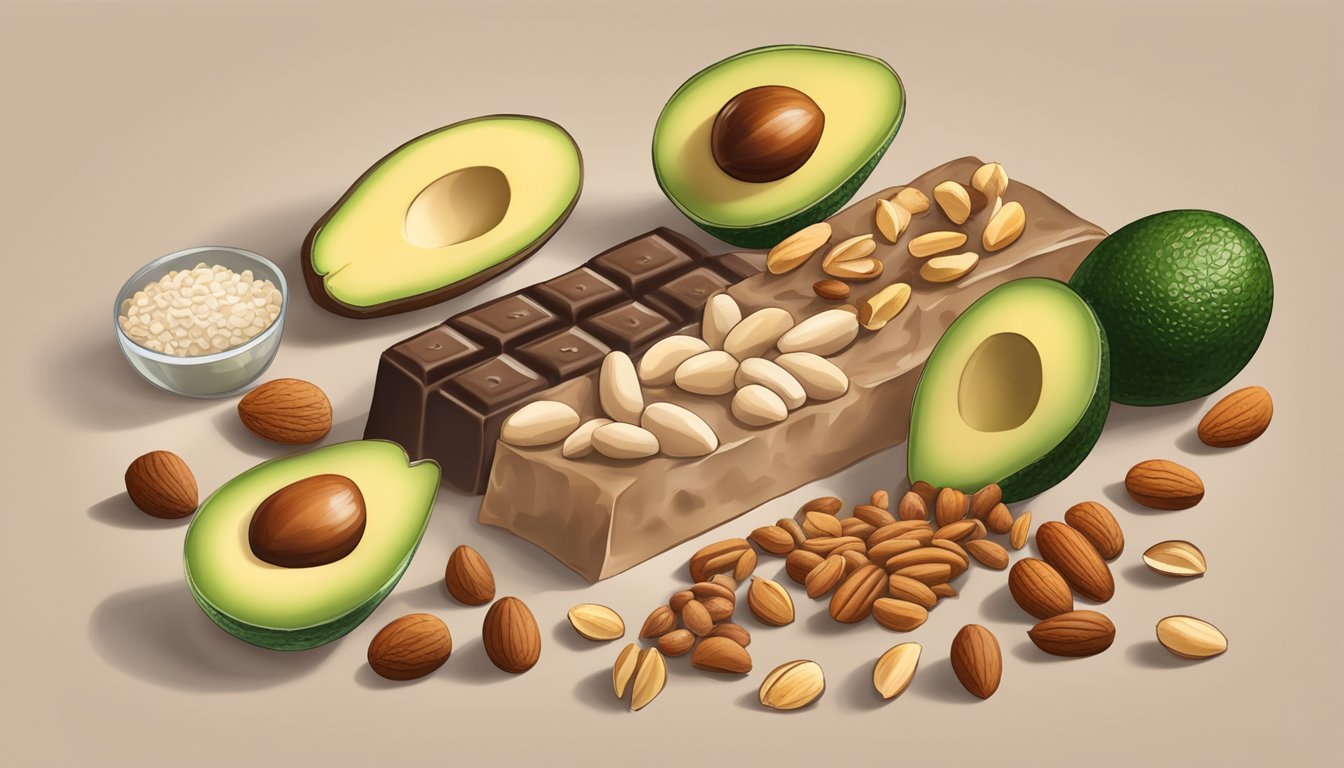 A protein bar surrounded by various sources of healthy fats, such as nuts, avocados, and seeds, with a visible glycemic index chart in the background