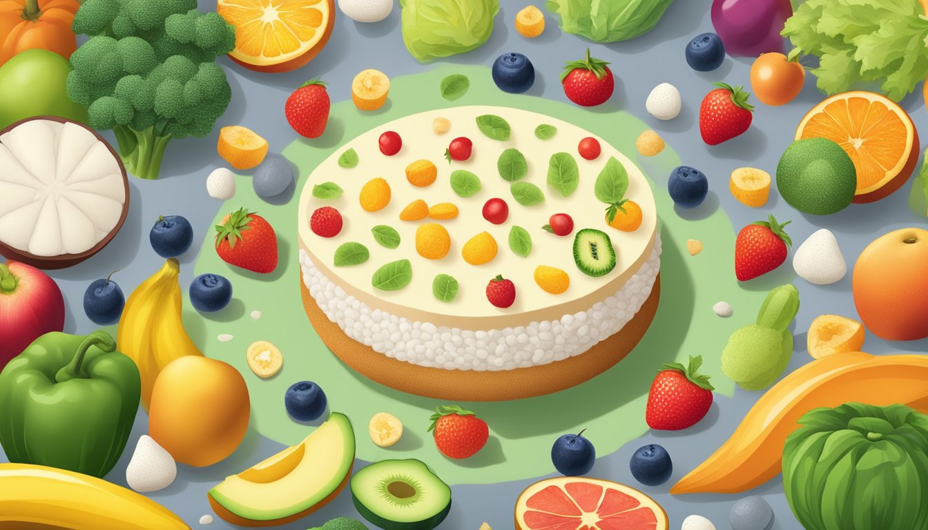 A rice cake surrounded by colorful fruits and vegetables, with a glowing halo indicating its low glycemic index