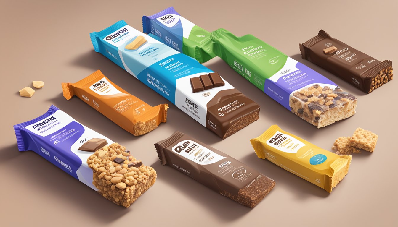 A variety of protein bar brands arranged on a table, with a glycemic index chart displayed next to them for examination