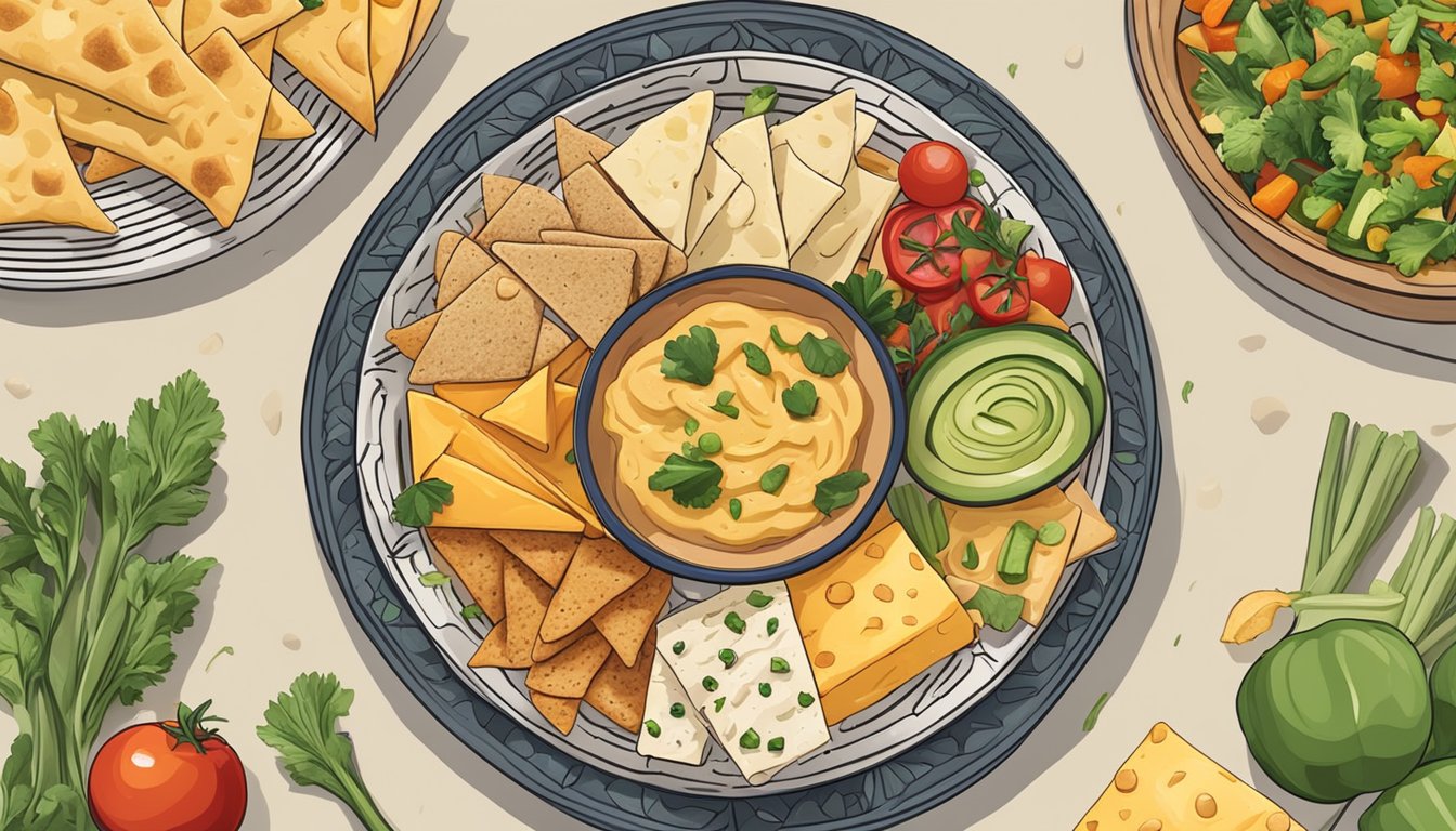 A bowl of pita chips arranged in a decorative pattern, surrounded by various toppings such as hummus, cheese, and vegetables