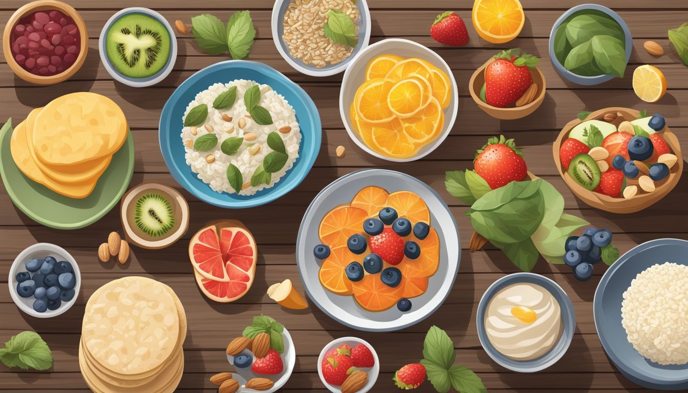 A variety of colorful and healthy toppings displayed next to a stack of rice cakes, with fruits, nuts, seeds, and spreads arranged neatly on a wooden table