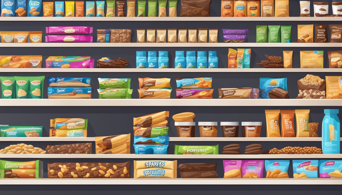 A variety of snack bars and protein bars displayed on a shelf, with colorful packaging and different ingredients