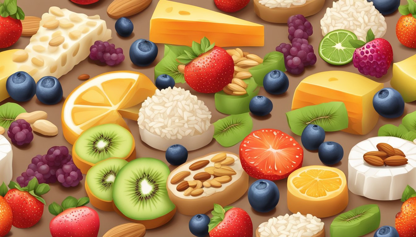 A colorful array of rice cakes topped with various healthy ingredients, surrounded by fresh fruits and nuts