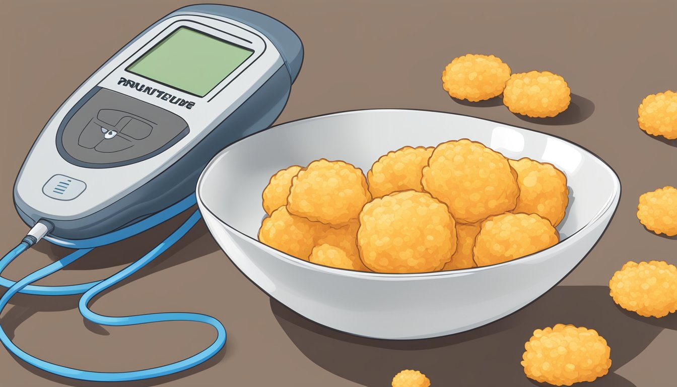 A bowl of cheese puffs sits next to a blood glucose monitor, with a graph showing a spike in levels