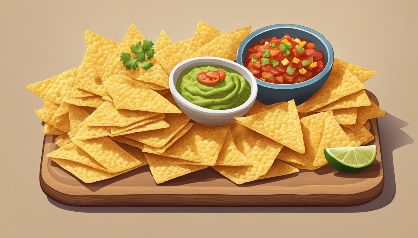 A pile of corn chips with a variety of toppings, including salsa, guacamole, and cheese, arranged on a wooden serving platter