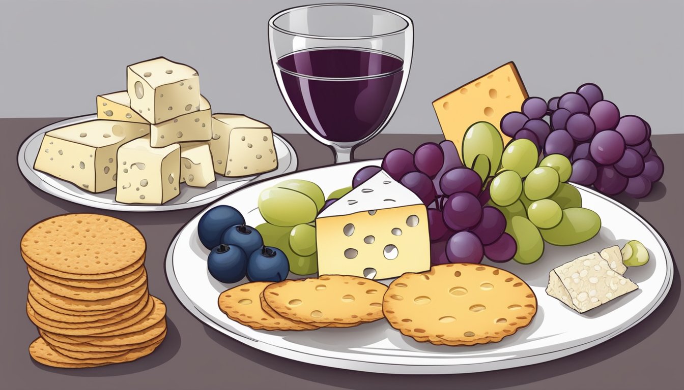 A colorful plate with a variety of cheeses, grapes, and whole grain crackers arranged in a balanced diet composition