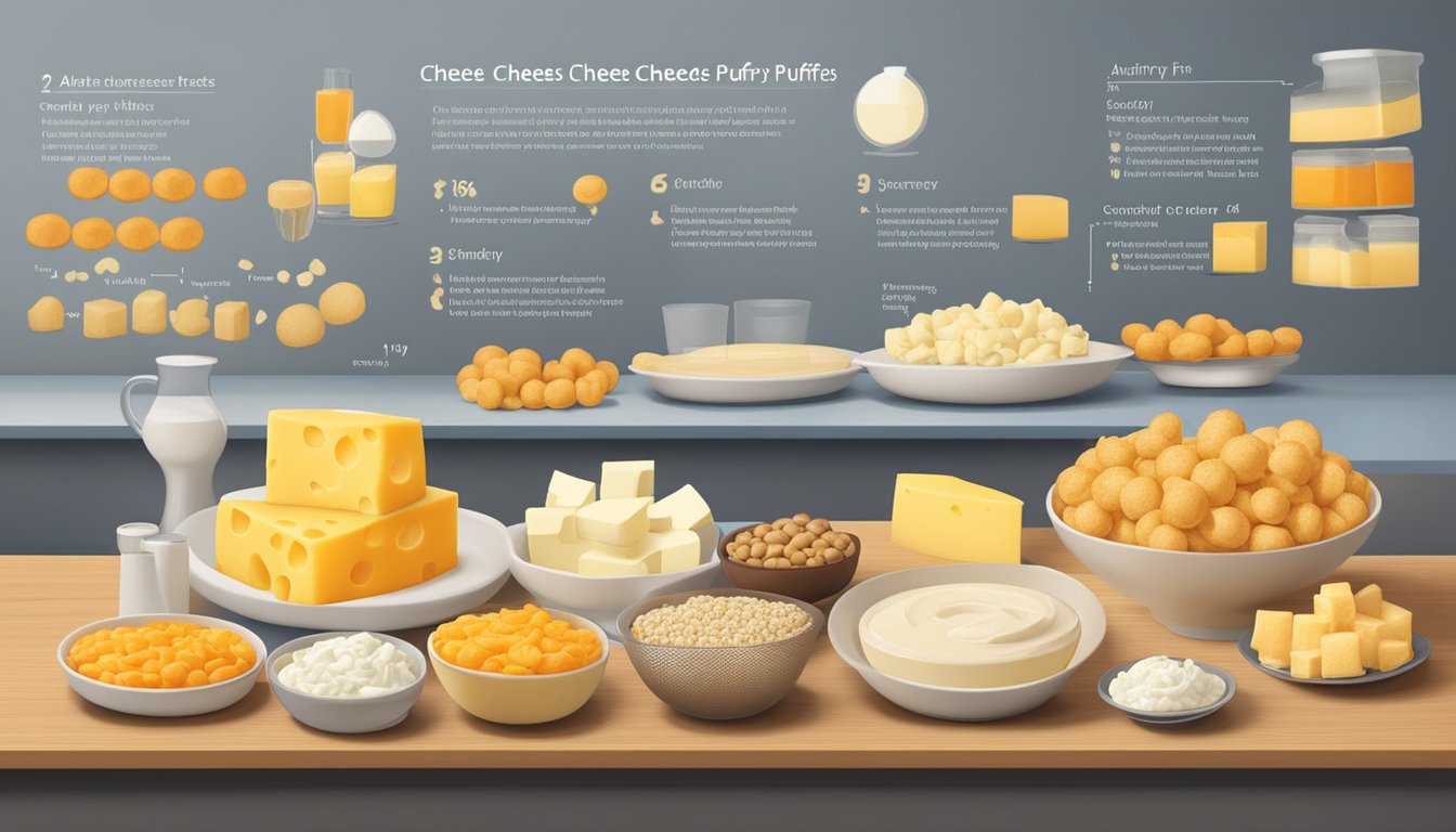 A table with a variety of alternative dairy and cheese options, including cheese puffs, with a glycemic index chart displayed nearby