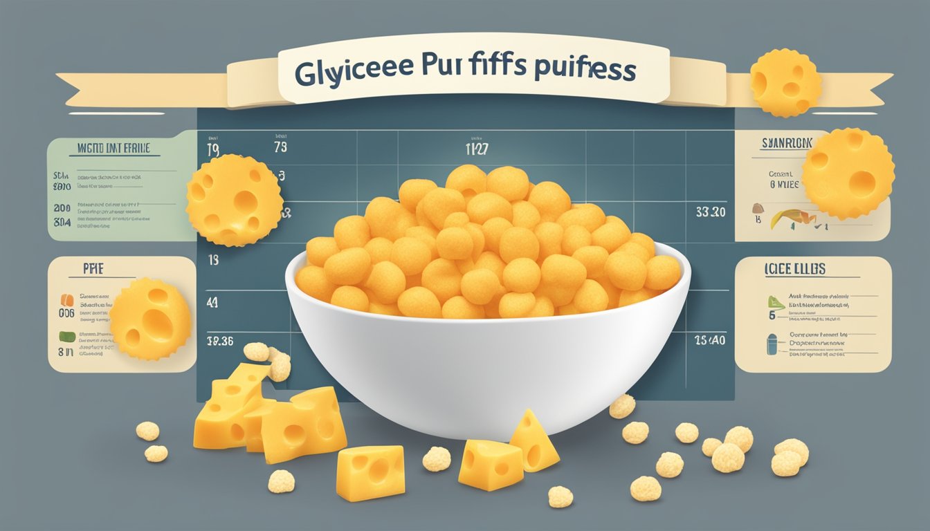 A bowl of cheese puffs sits next to a chart showing the glycemic index, with a spotlight shining on the puffs