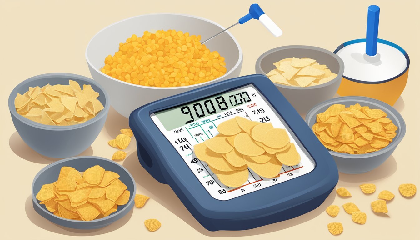 A table with bowls of different types of corn chips, a glucose meter, and a chart comparing their glycemic index values