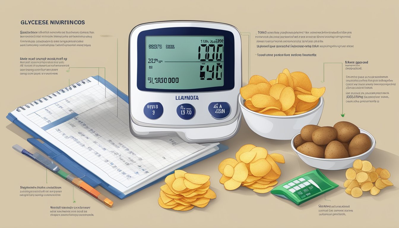 A table with various brands of potato chips, a blood glucose monitor, and a chart showing the glycemic index values of each brand