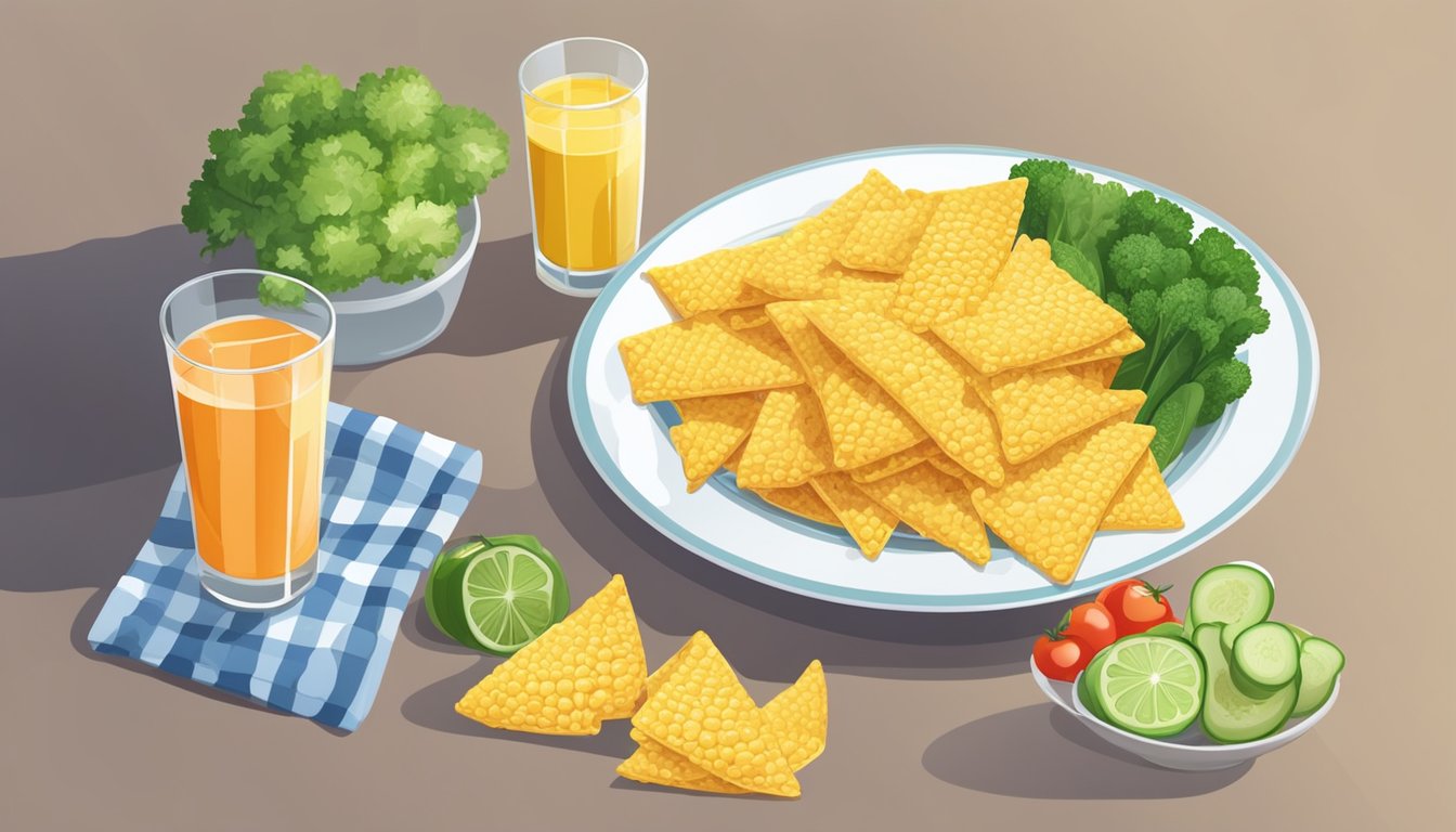 A bowl of corn chips sits next to a plate of fresh vegetables, fruits, and lean protein. A glass of water completes the balanced diet scene