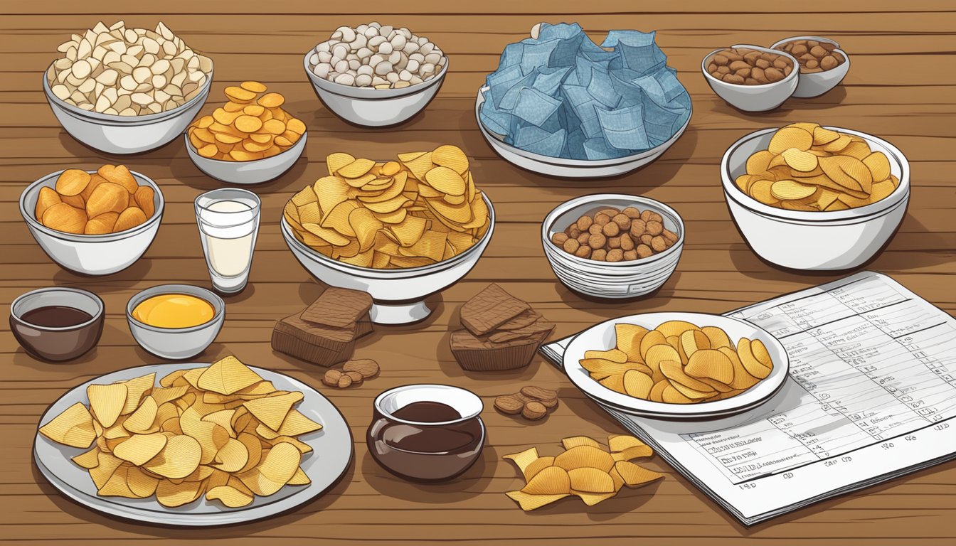 A table with a variety of snack options, including potato chips, with a glycemic index chart displayed nearby for consumer guidance