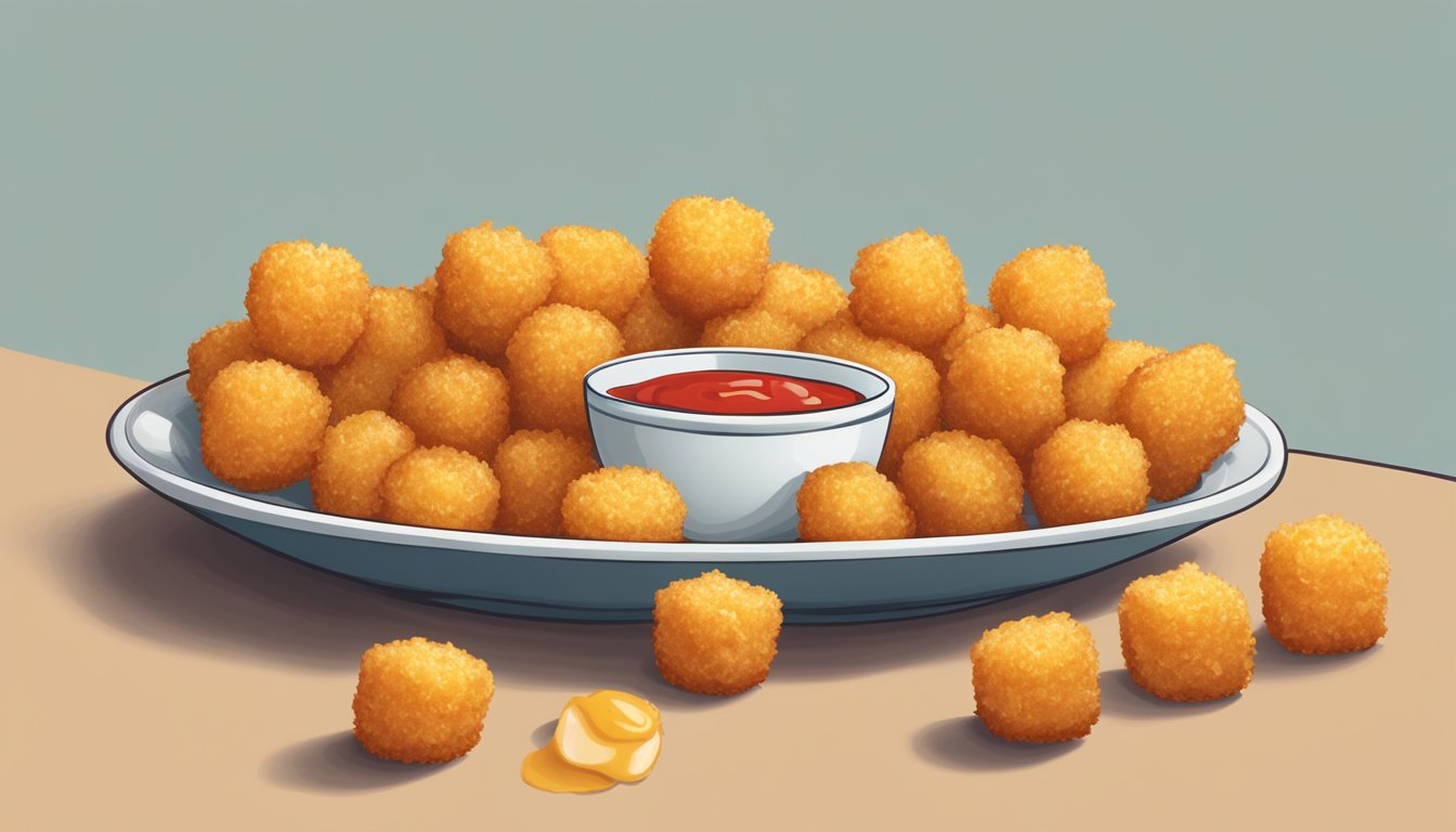 A plate of golden tater tots arranged in a neat row, with a small bowl of ketchup on the side