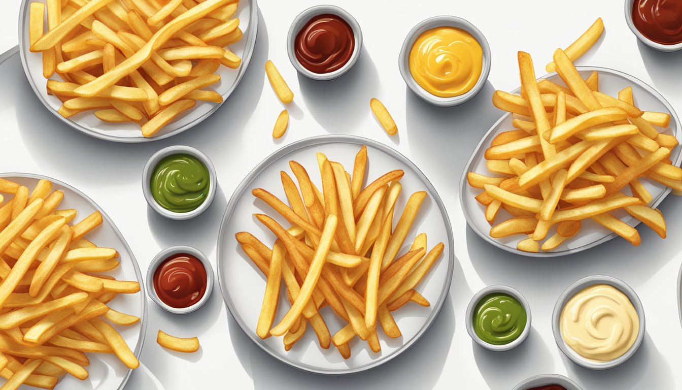 A plate of golden French fries with a variety of dipping sauces on the side, displayed on a clean, white table