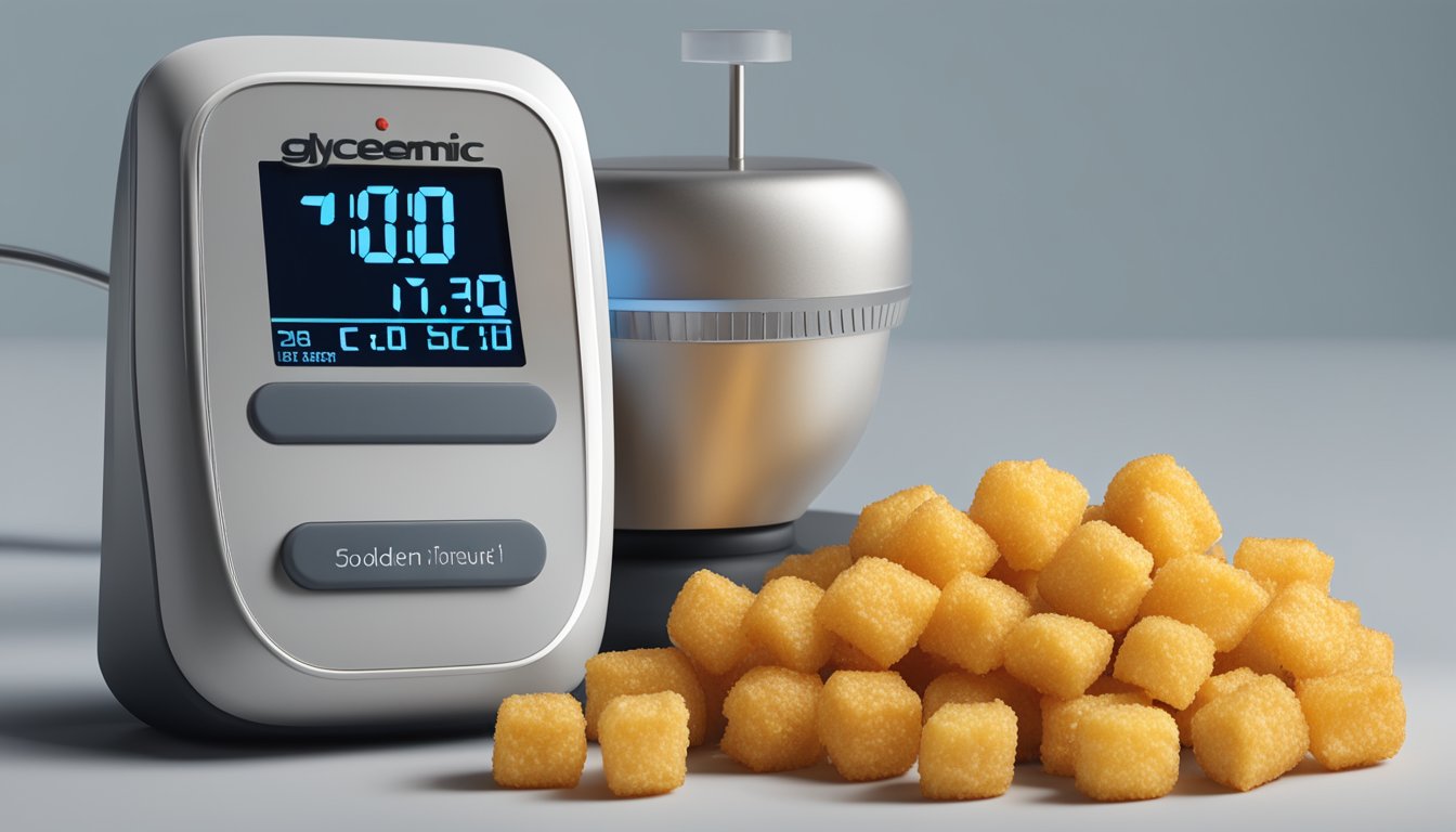 A pile of golden tater tots sits next to a blood sugar monitor, highlighting the impact on glycemic index