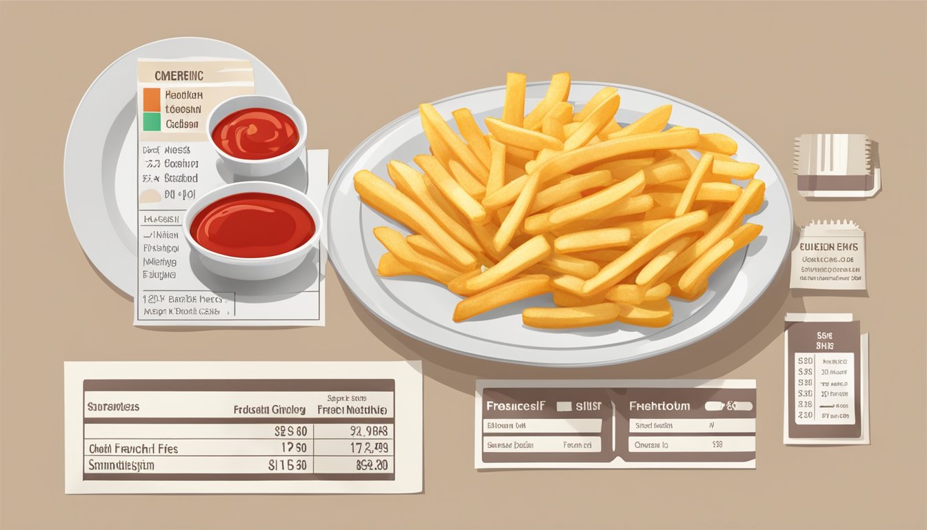 A plate of golden French fries with a side of ketchup, a nutrition label, and a glycemic index chart displayed next to it