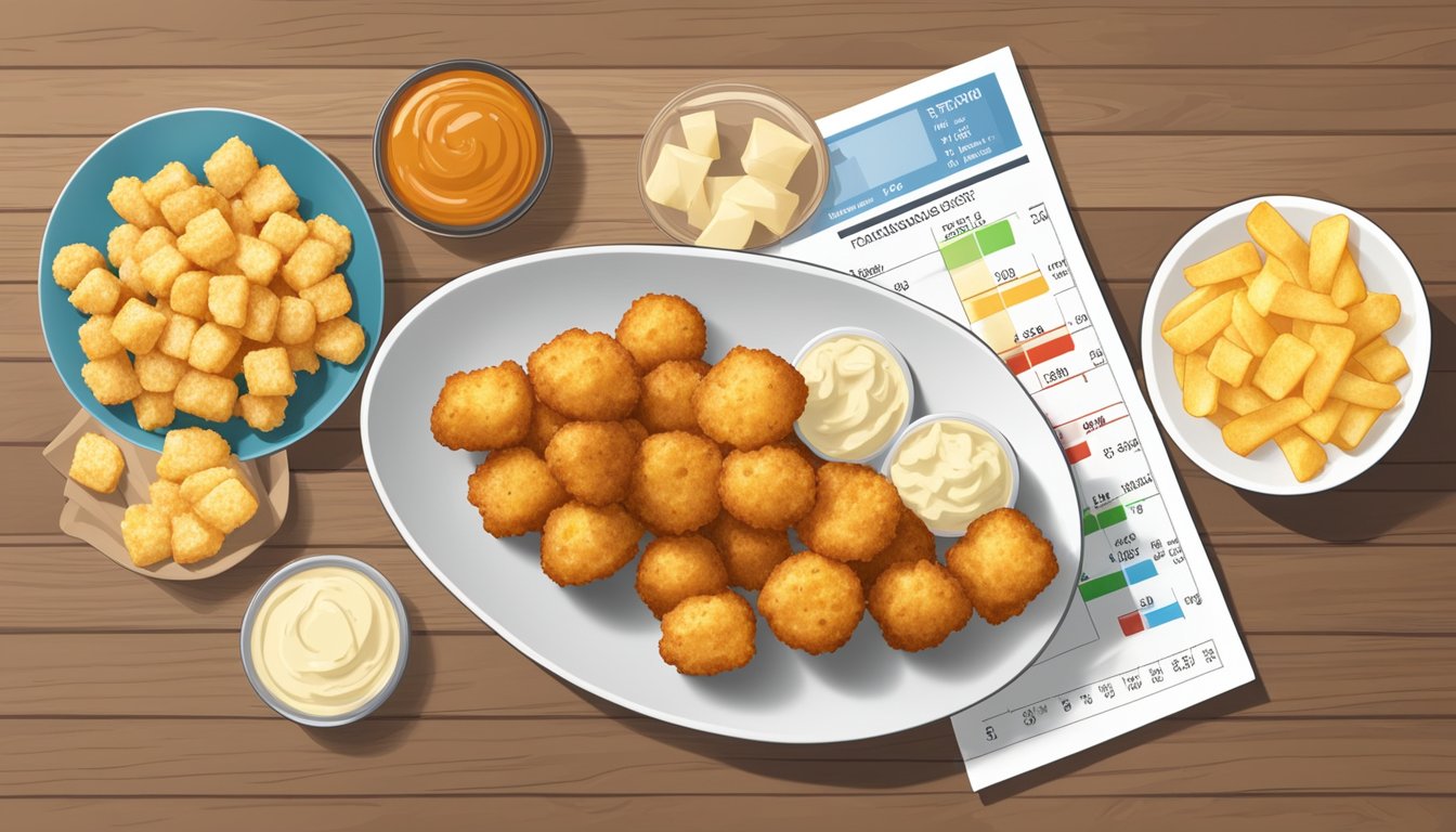 A plate of tater tots surrounded by various other potato products, including fries, chips, and mashed potatoes, with a glycemic index chart in the background