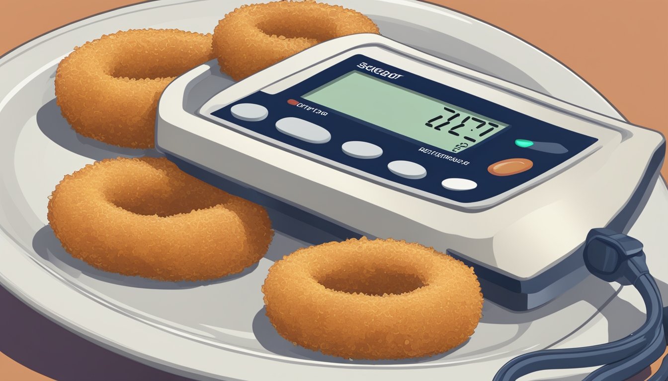 A plate of onion rings next to a blood sugar monitor showing a spike in levels