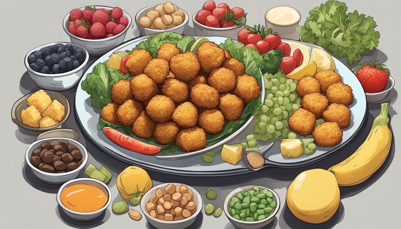 A plate of tater tots surrounded by a variety of foods, including fruits, vegetables, and proteins, representing different diets