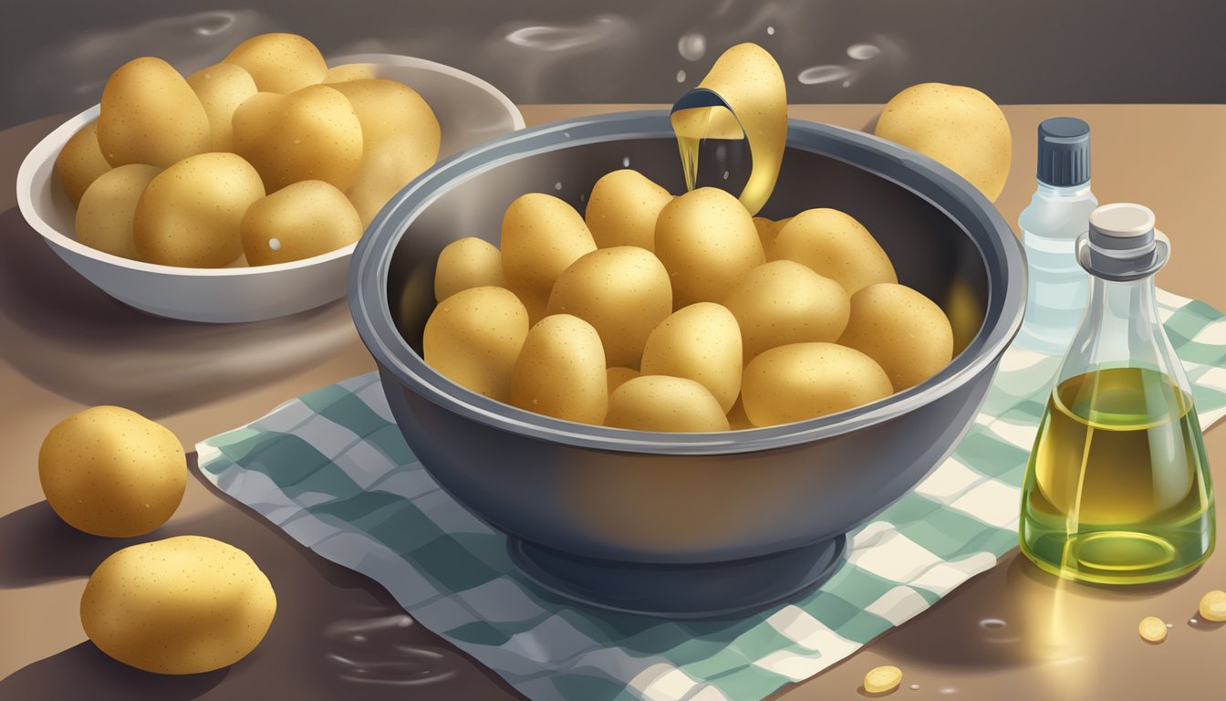 A pile of freshly cut potatoes being soaked in a bowl of water, next to a bottle of oil and a deep fryer