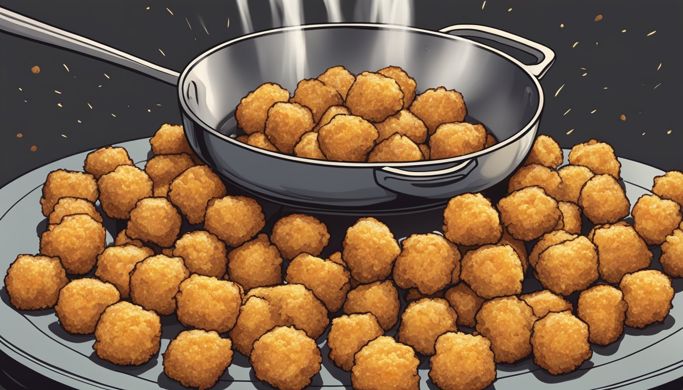 A pile of tater tots being fried in a skillet