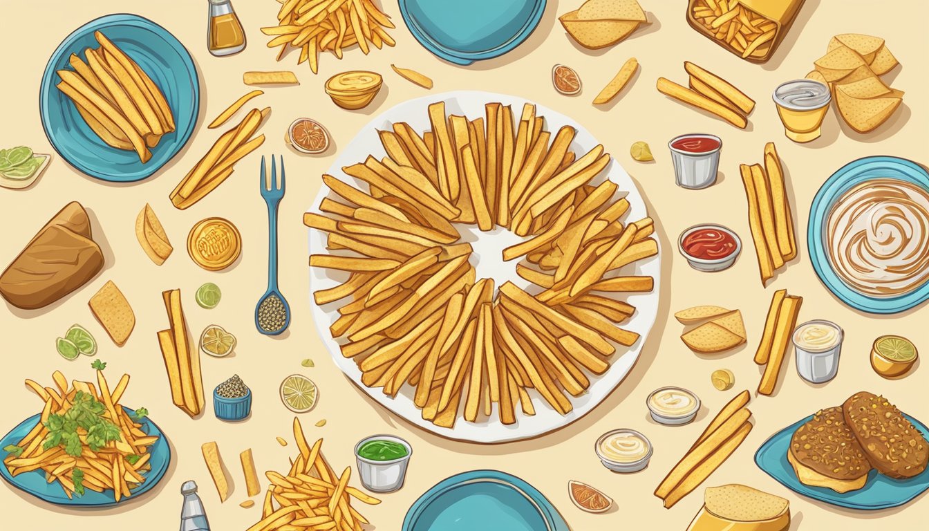 Golden French fries arranged in a circular pattern, surrounded by various cultural symbols and ingredients from around the world