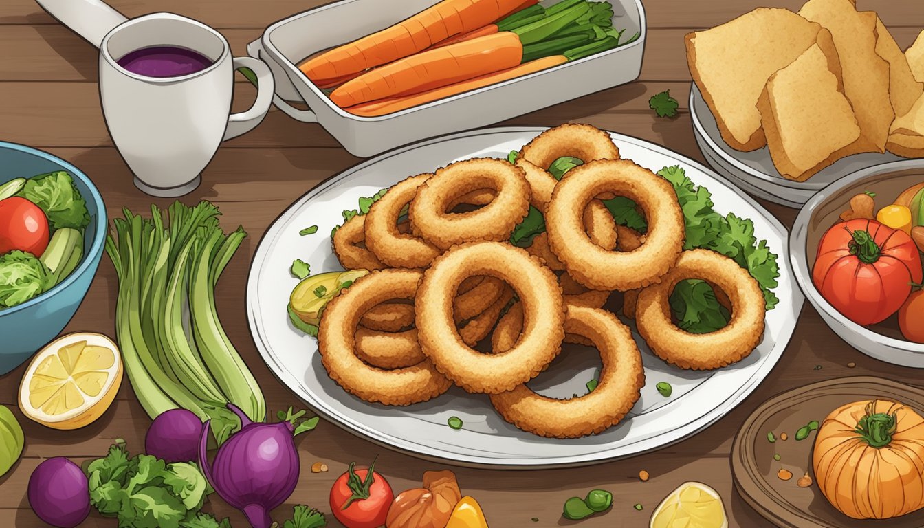 A plate of golden-brown onion rings surrounded by colorful, fresh vegetables, with a diabetes-friendly cookbook open nearby